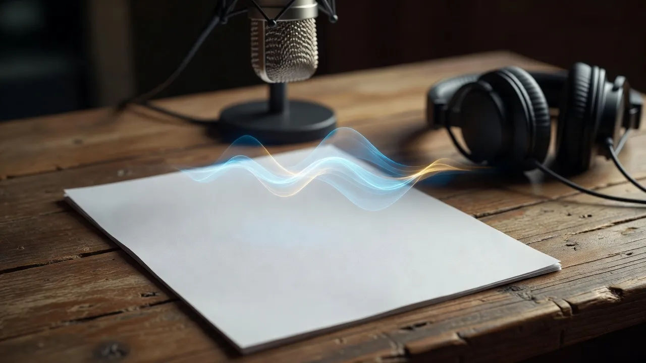Photorealistic 16:9 close-up of a printed script page on a rough wooden table