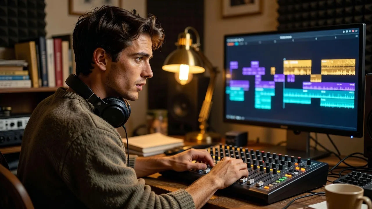 Photorealistic 16:9 over-the-shoulder shot of a young Breton creator in a cozy home