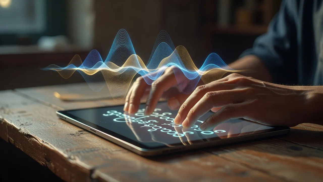 Burmese script becoming a voiceover waveform on a tablet