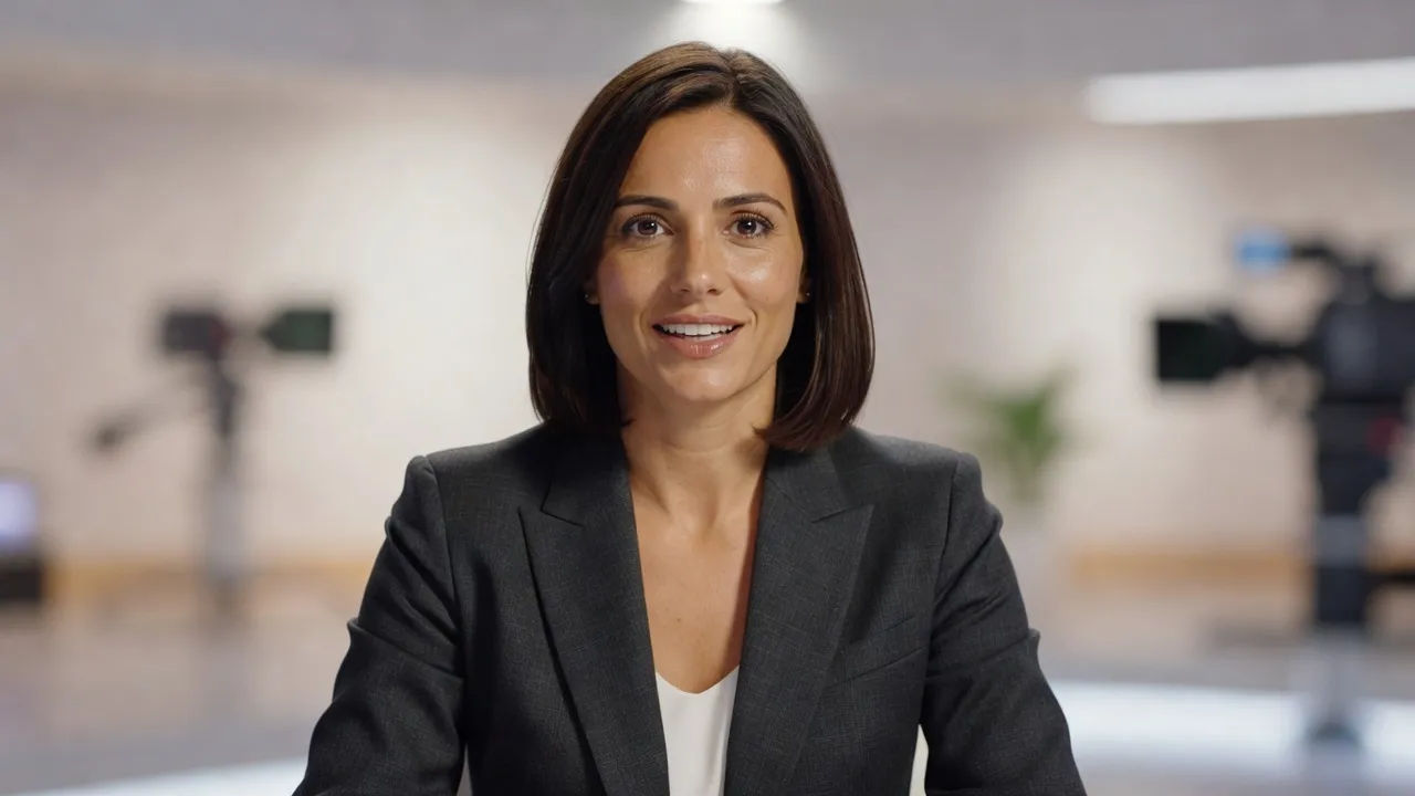 Photorealistic 16:9 medium shot of a confident Catalan woman in her thirties