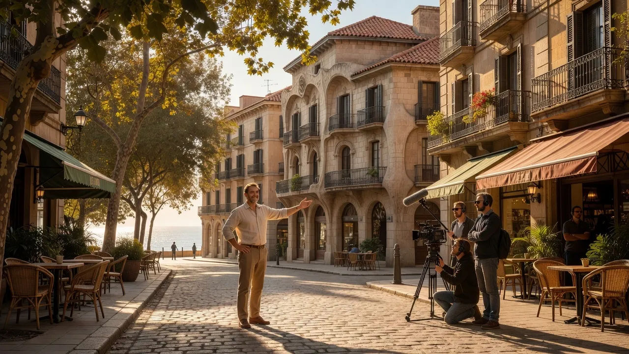 Photorealistic 16:9 sunny scene on a Barcelona-style Mediterranean street