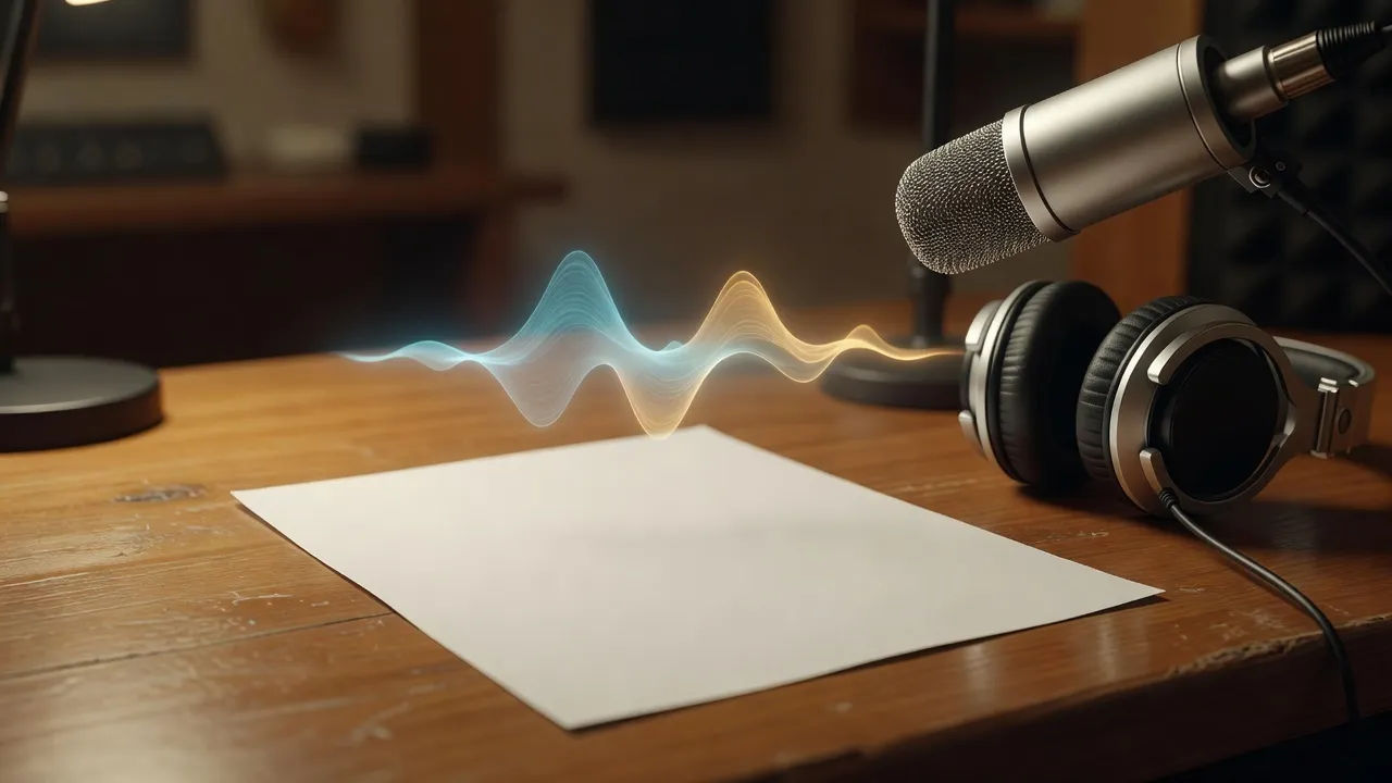 Photorealistic 16:9 close-up of a printed script page on a warm wooden desk