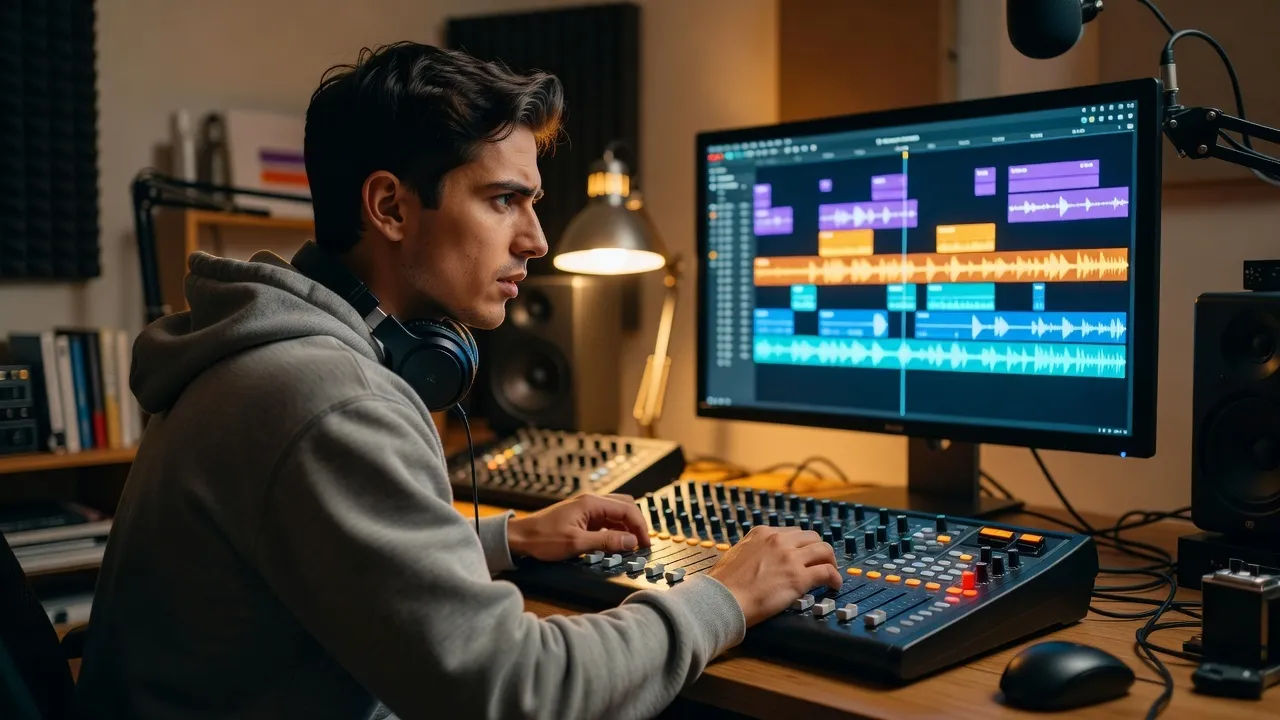 Photorealistic 16:9 over-the-shoulder shot of a young creator in a cozy home studio
