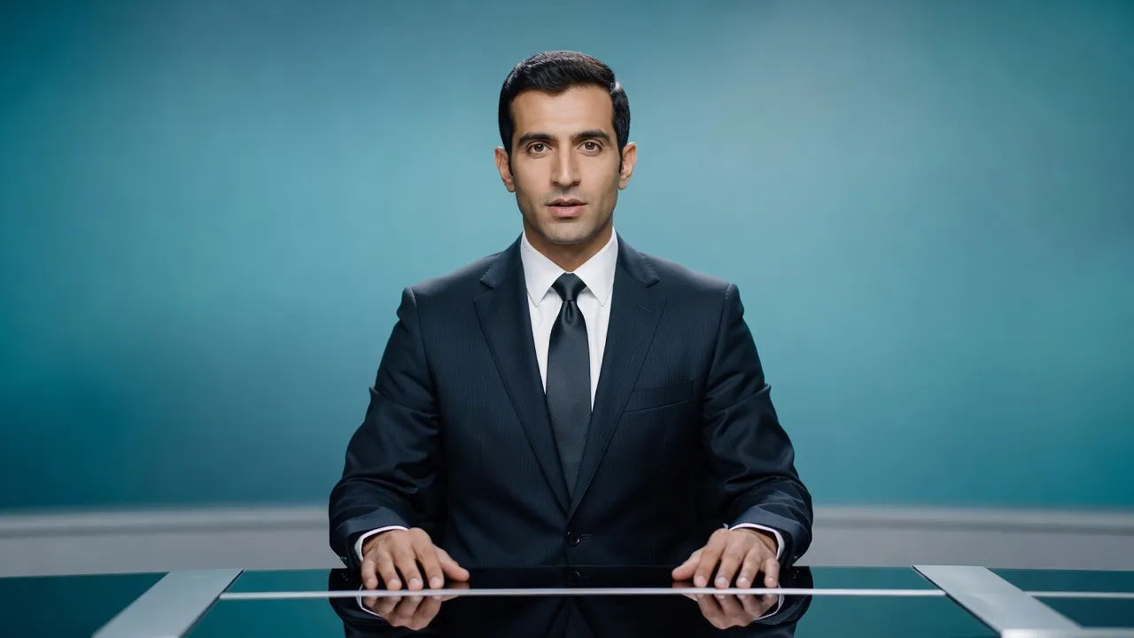 A Dari-speaking Afghan male newsreader in his thirties in a neat dark suit