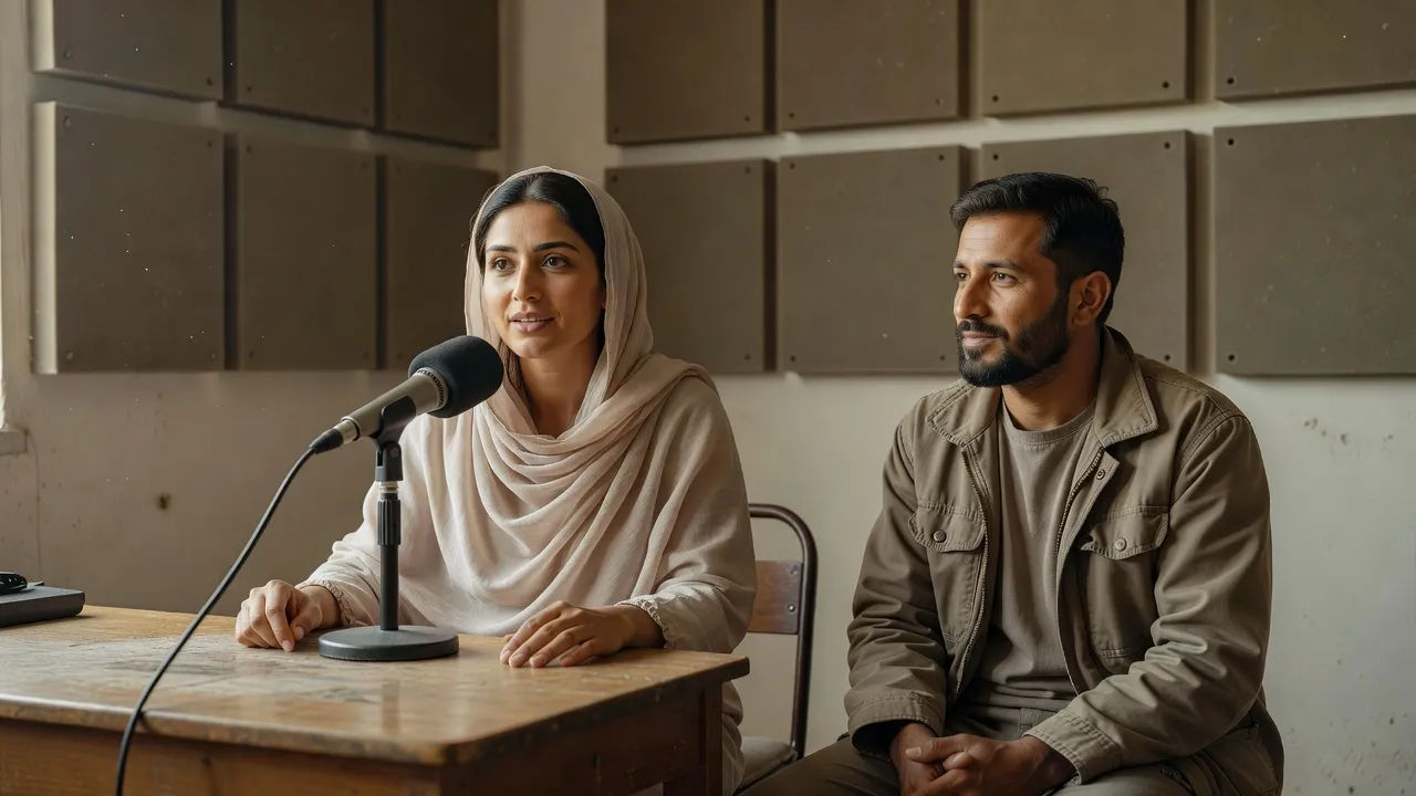 A humanitarian radio recording scene in a modest Afghan studio