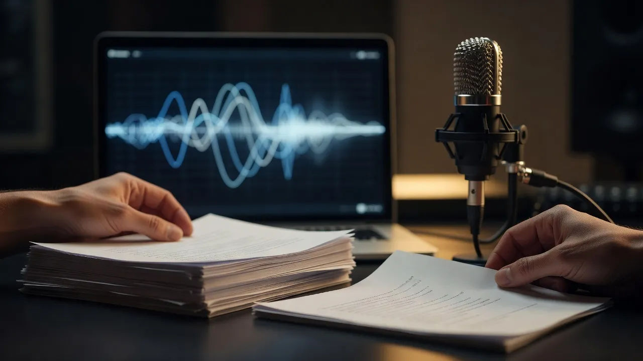 Close-up of hands laying unmarked printed script pages next to a studio microphone