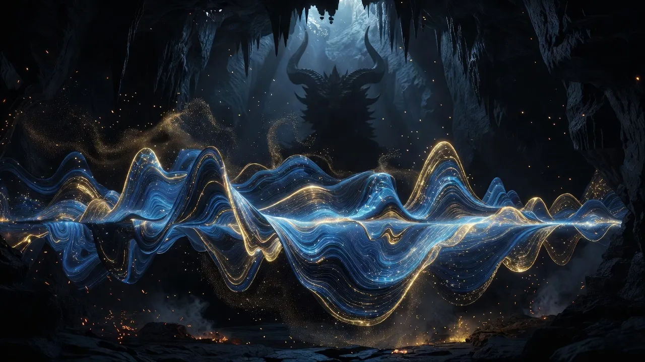 Conceptual close shot of an enormous deep-blue and gold audio waveform ribbon rolling