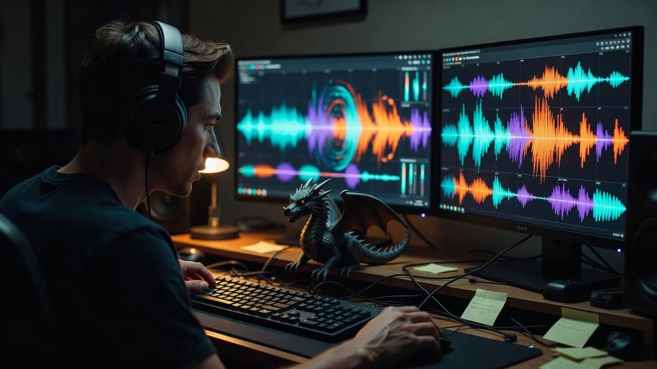 A modern creator at a dim desk editing audio