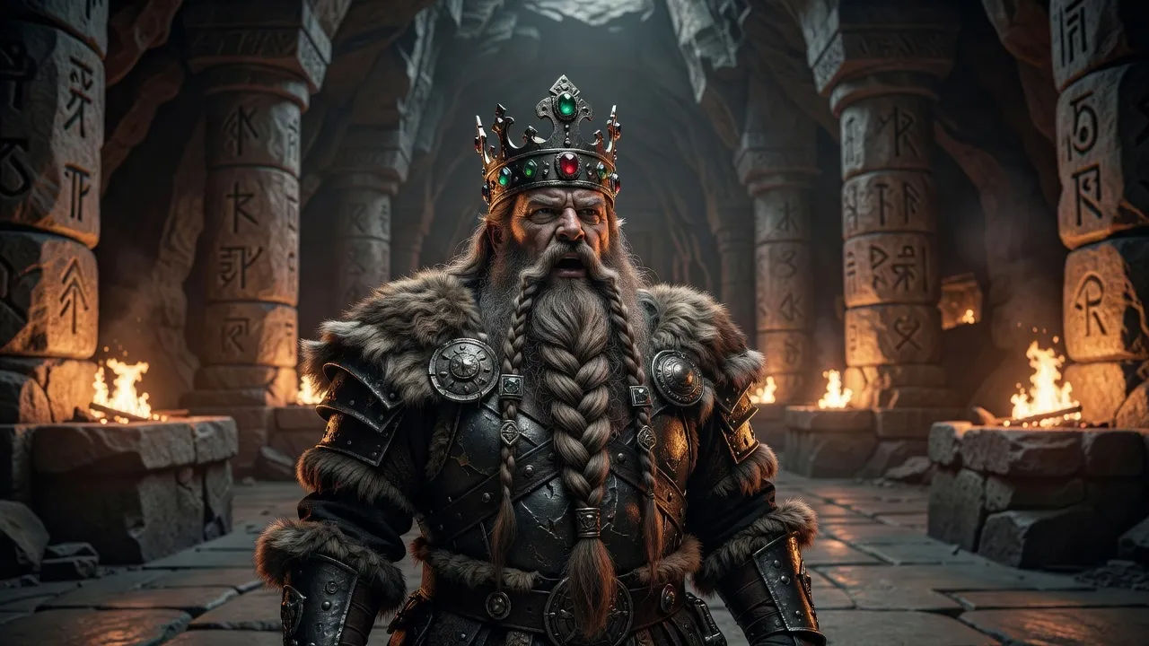 A stout fantasy dwarf king with a long braided beard