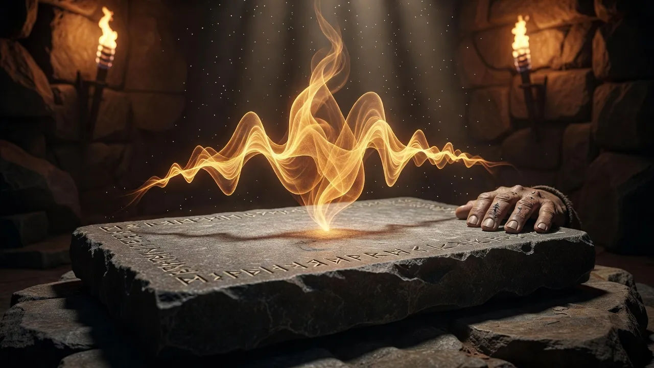 Conceptual close shot of a deep amber audio waveform ribbon rising from a