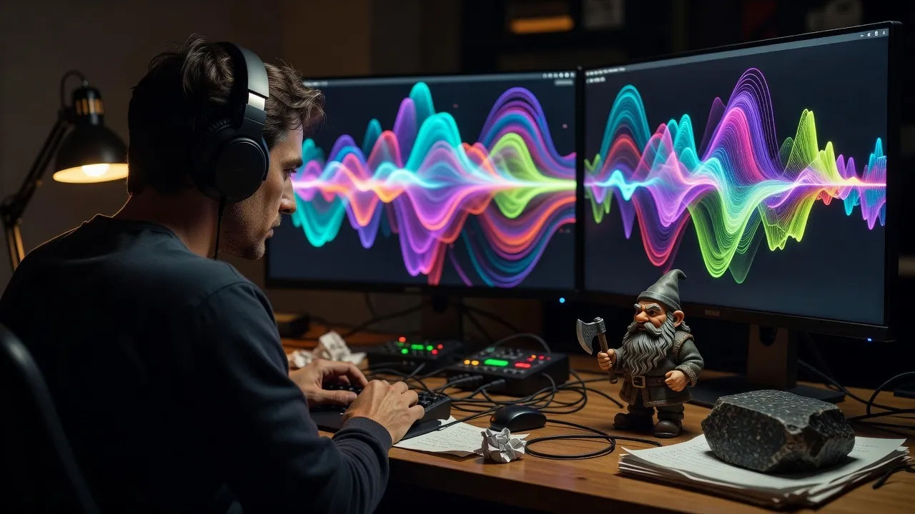A modern creator at a dim desk editing audio