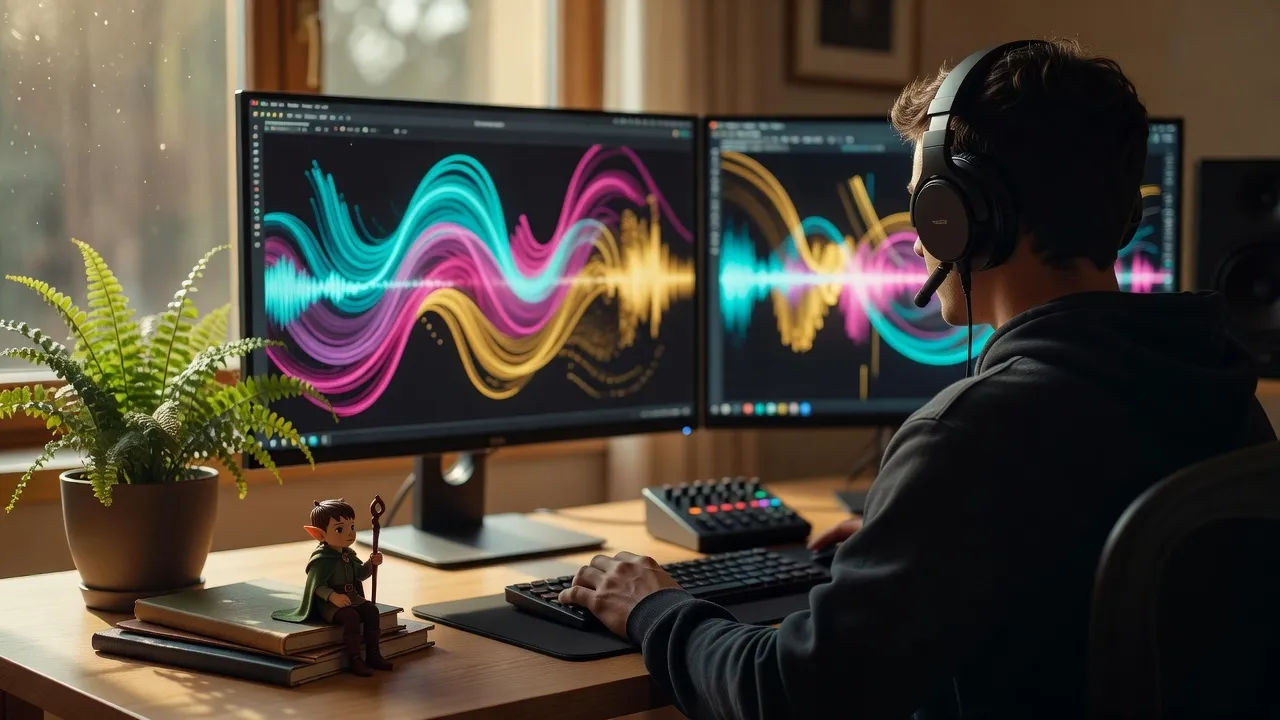 A modern creator at a softly lit desk editing audio