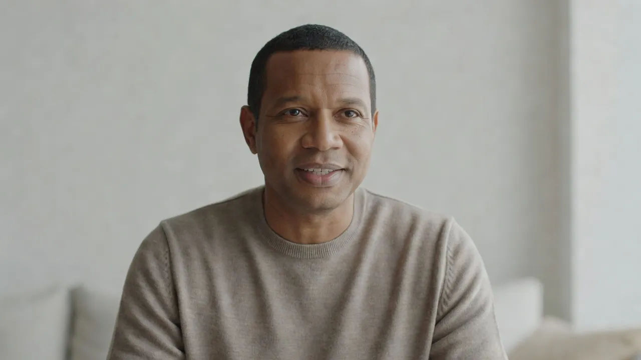 Photorealistic 16:9 medium close-up of a friendly middle-aged man of ambiguous international heritage