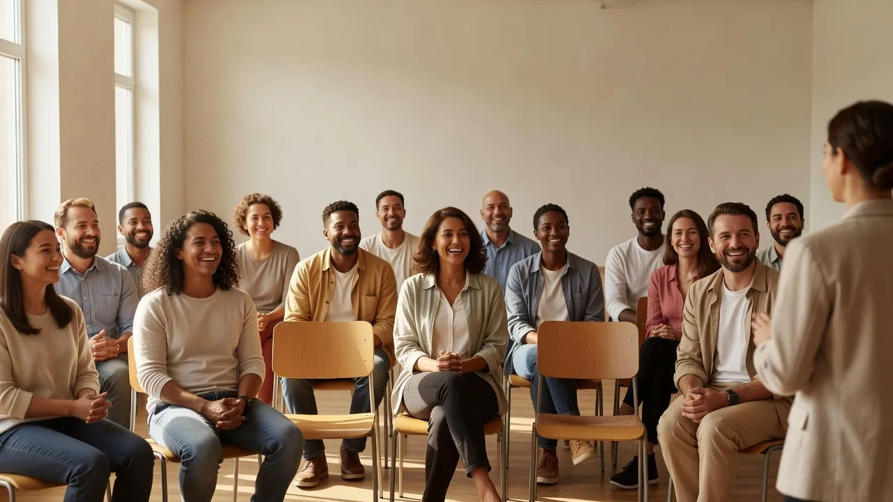 Photorealistic 16:9 wide shot of a diverse group of adult language learners of