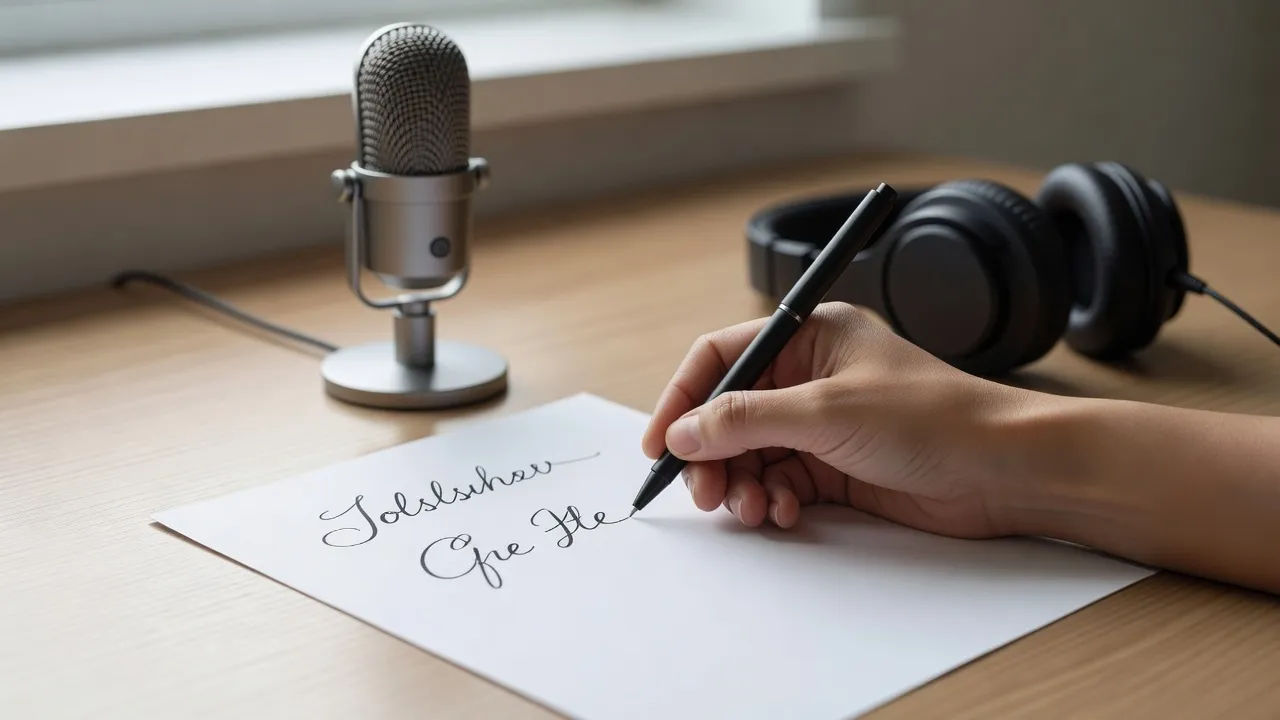 Photorealistic 16:9 close-up of a hand writing neat script on plain unlined paper
