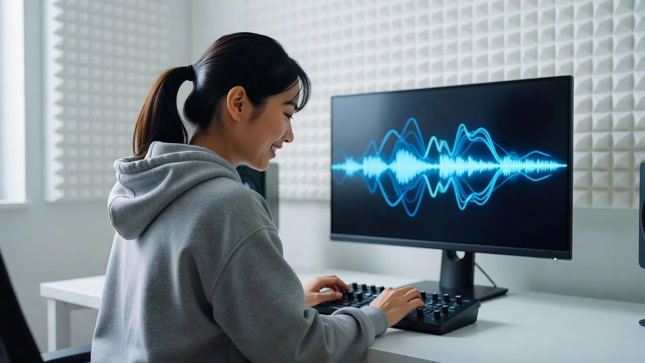 Photorealistic 16:9 over-the-shoulder shot of a young female creator in a clean modern