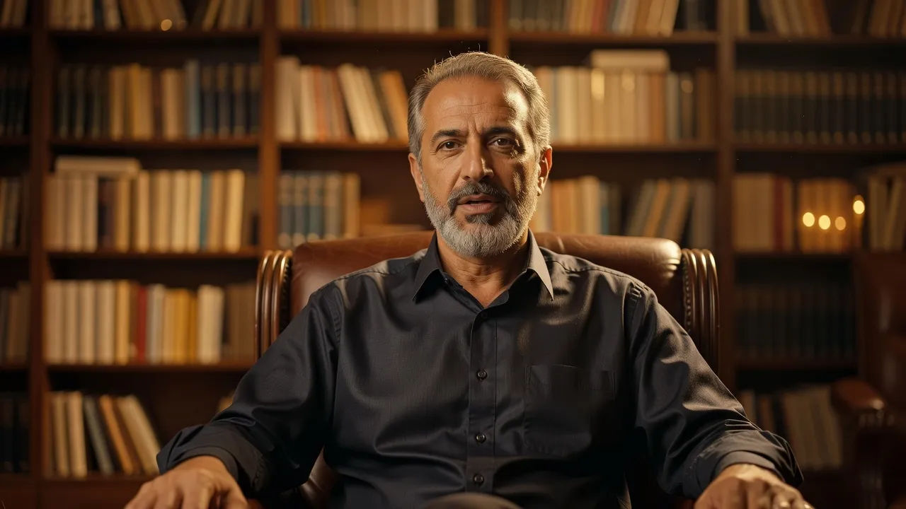 An Iranian male poet-presenter in his fifties with a trimmed grey beard
