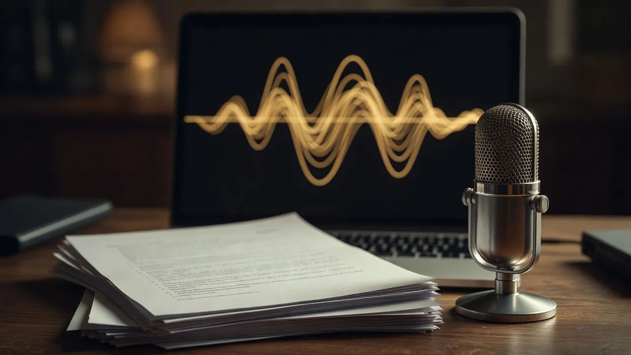 Close-up of unmarked script pages beside a vintage-style condenser microphone