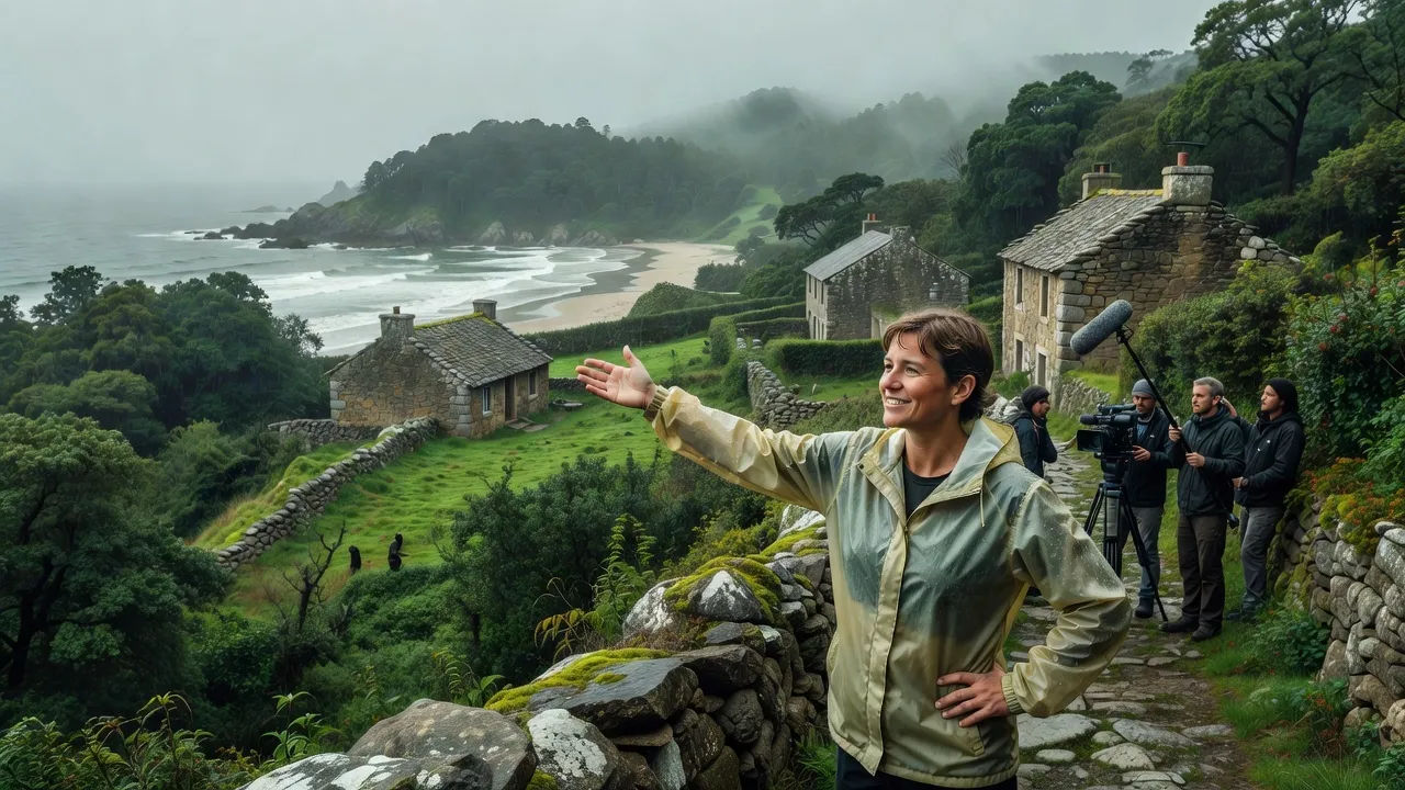 Photorealistic 16:9 misty green Galician landscape