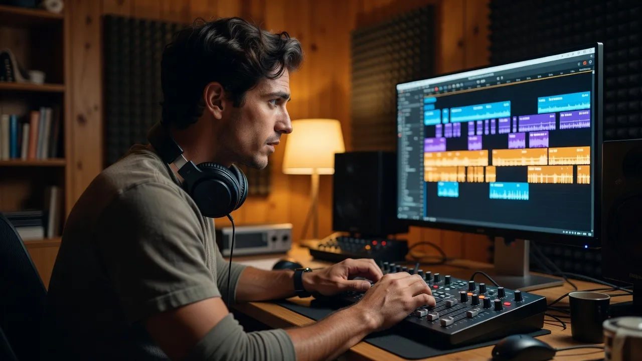 Photorealistic 16:9 over-the-shoulder shot of a young Galician creator in a cozy home