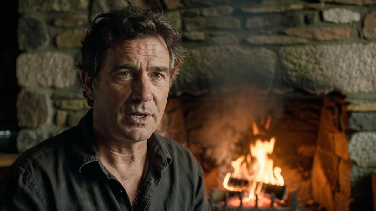 Photorealistic 16:9 medium close-up of a middle-aged Irish man with tousled dark hair