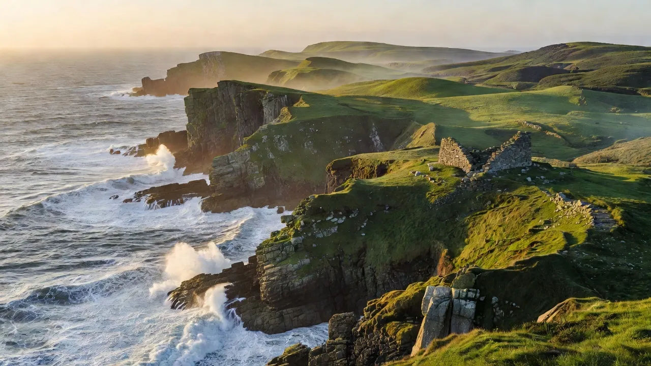 Photorealistic 16:9 wide landscape of the Wild Atlantic Way at golden hour