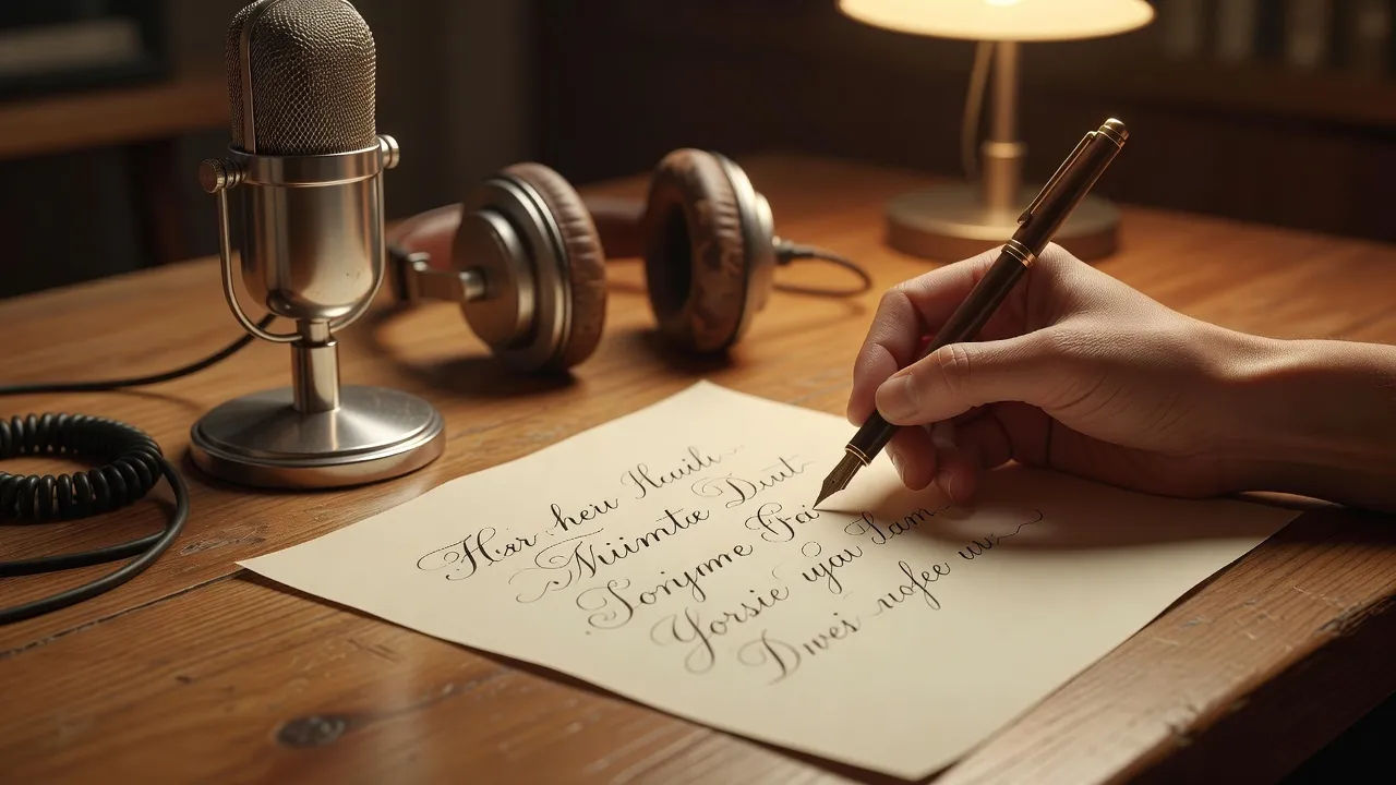 Photorealistic 16:9 close-up of a hand writing flowing cursive on plain unlined paper
