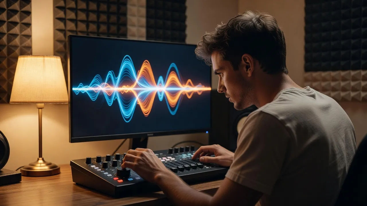 Photorealistic 16:9 over-the-shoulder shot of a young male voice creator in a cozy