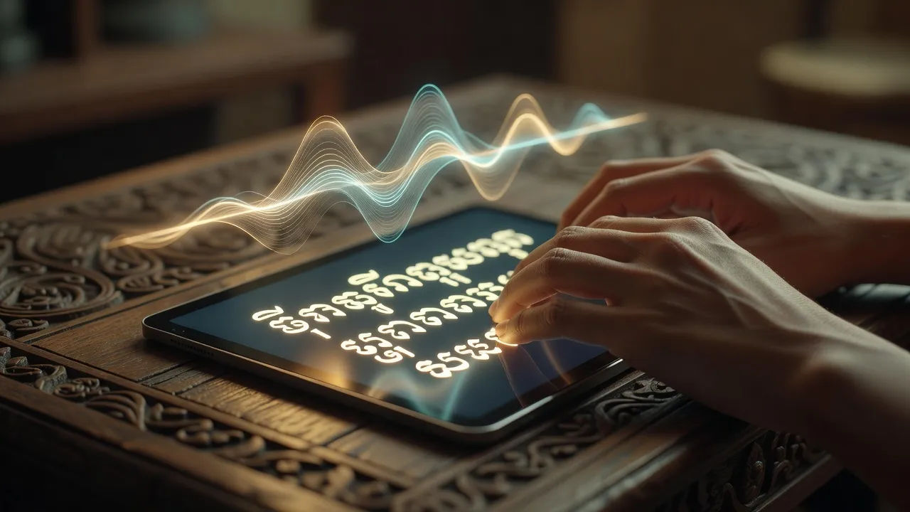 Khmer script becoming a voiceover waveform on a tablet