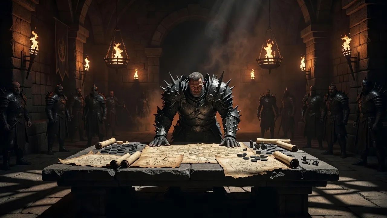 A dramatic throne-room scene in a shadowed fortress