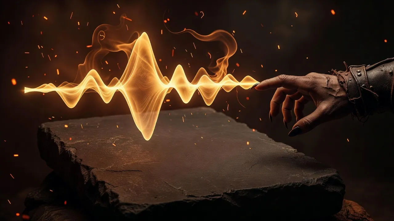 Close conceptual shot of a glowing amber audio waveform ribbon floating in front