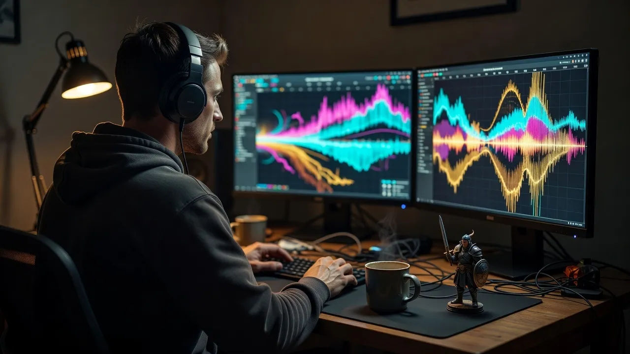 A modern creator at a dimly lit desk with two blank-screen monitors showing