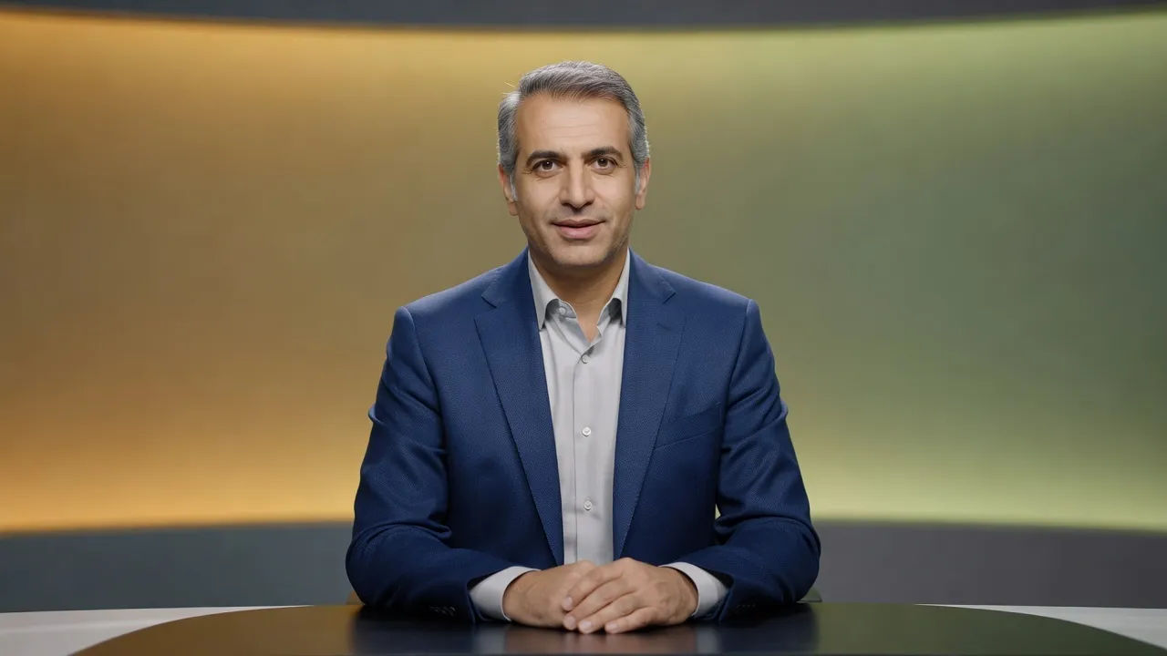 A Kurdish male news anchor in his forties in a smart blazer