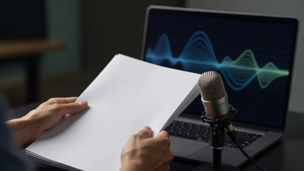 Close-up of hands holding plain unmarked script pages beside a studio microphone