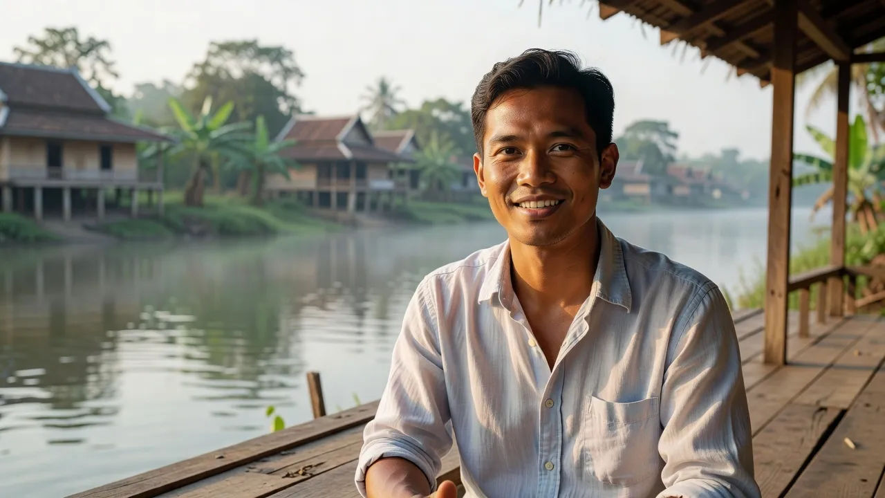 Presenter speaking a standard Lao line to camera
