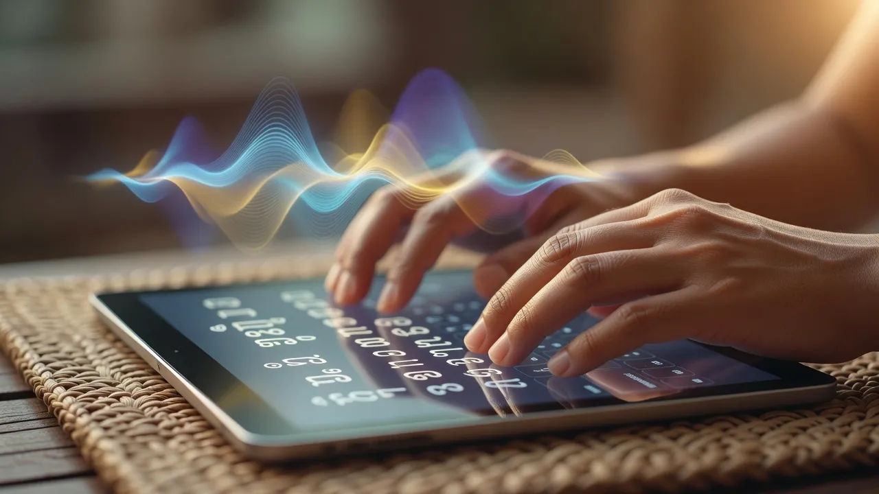 Lao script becoming a voiceover waveform on a tablet