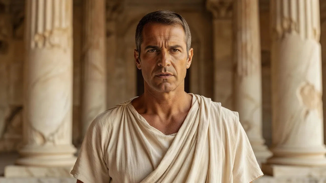Photorealistic 16:9 medium close-up of a stern middle-aged man in a plain draped
