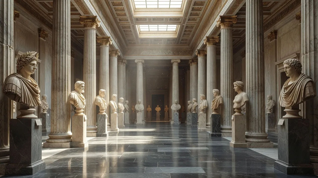 Photorealistic 16:9 wide interior of a grand classical museum gallery of Roman antiquities