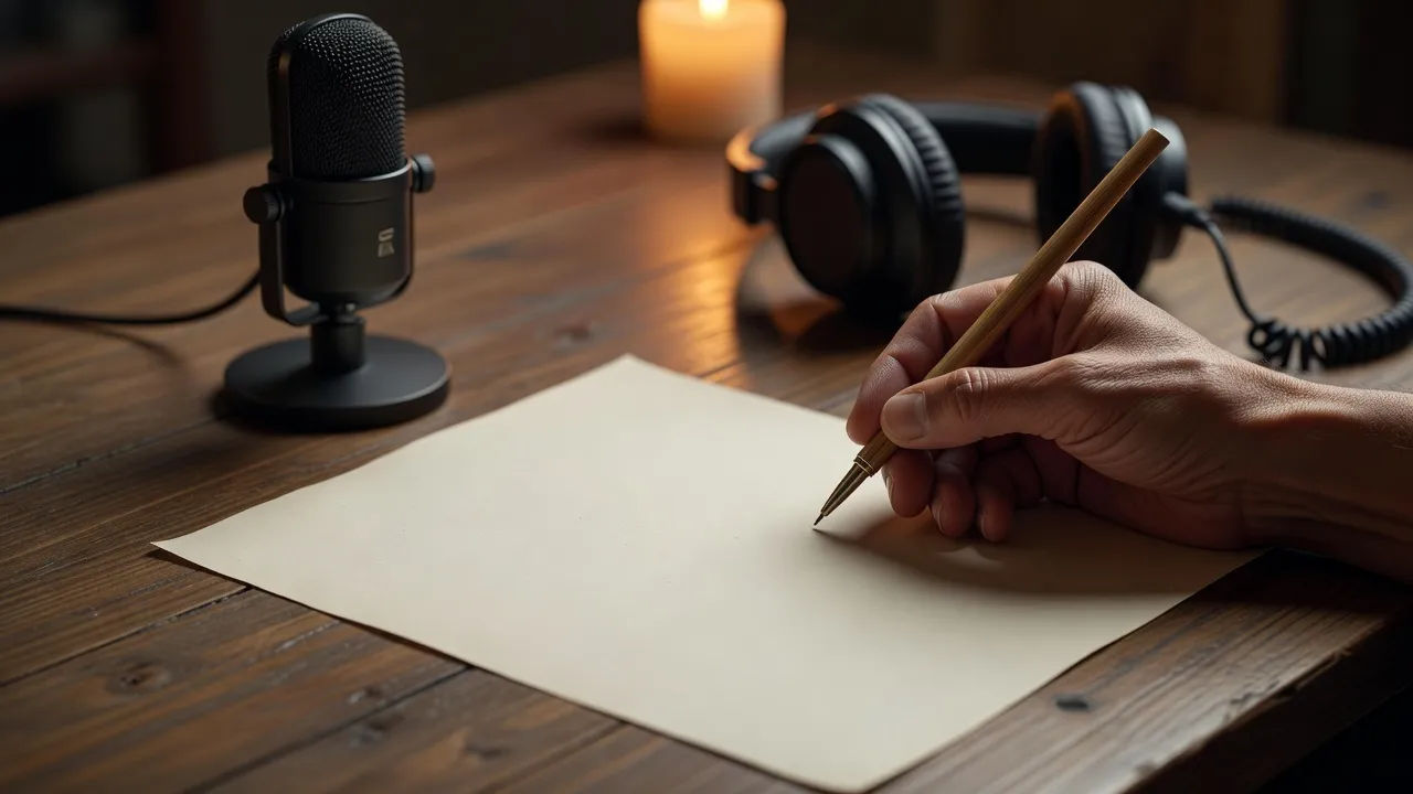 Photorealistic 16:9 close-up of a hand with a reed-style pen writing on plain