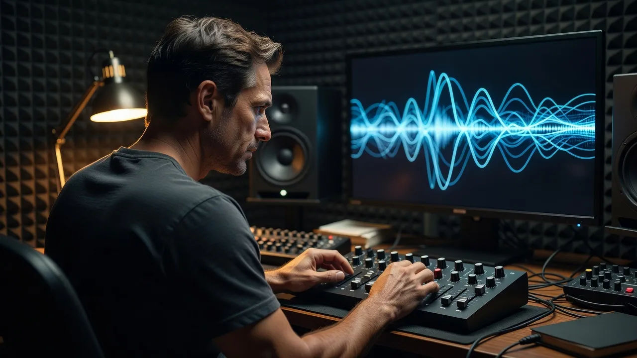 Photorealistic 16:9 over-the-shoulder shot of a male audio producer in a dim studio