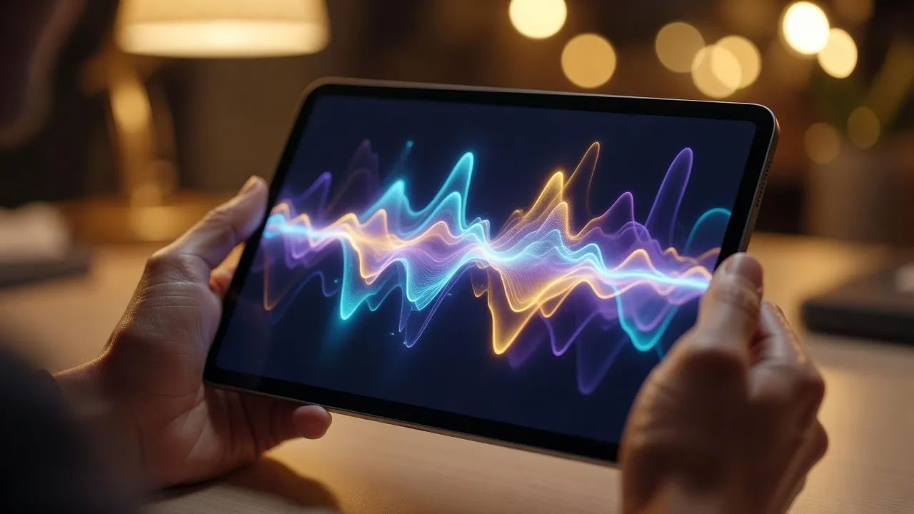 Malay script becoming a voiceover waveform on a tablet