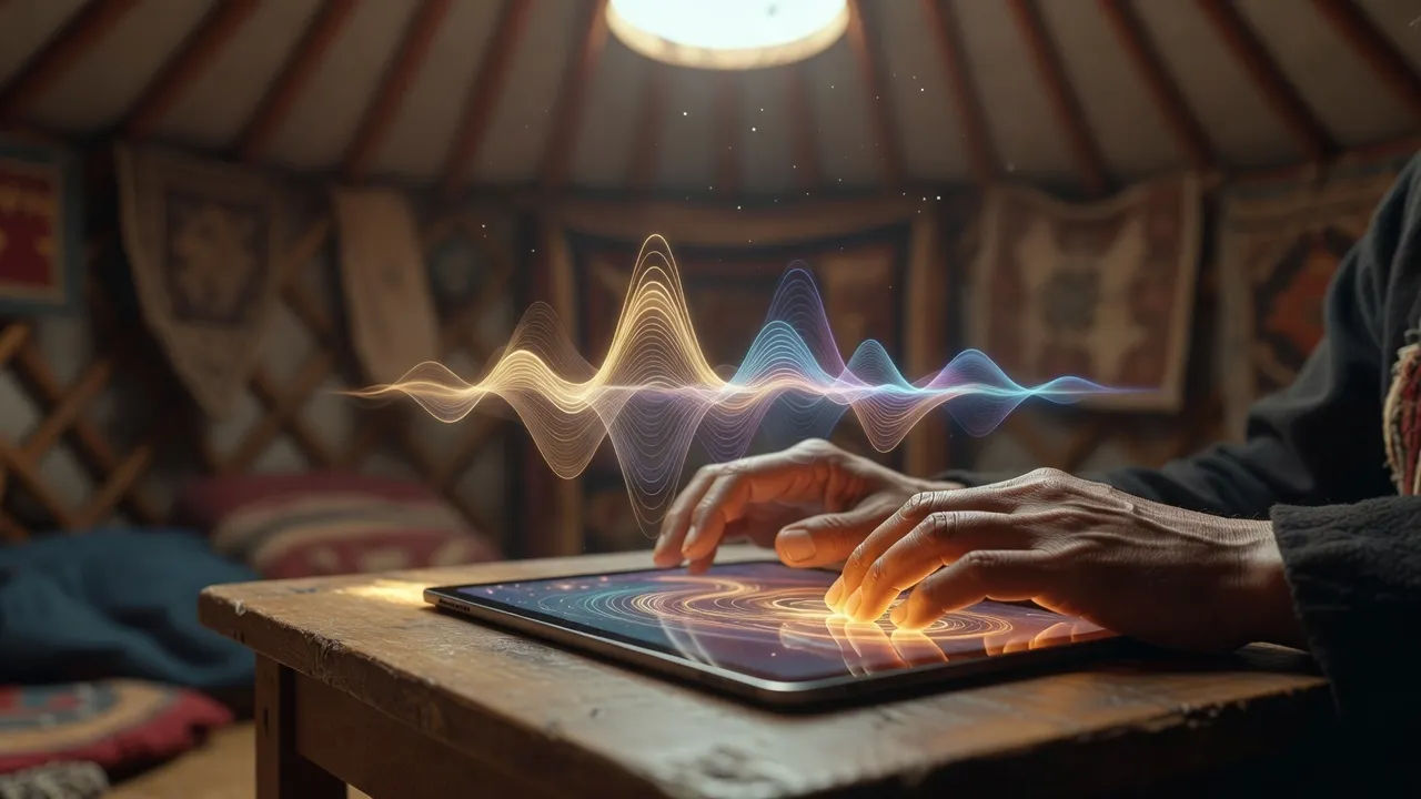 Mongolian script becoming a voiceover waveform on a tablet