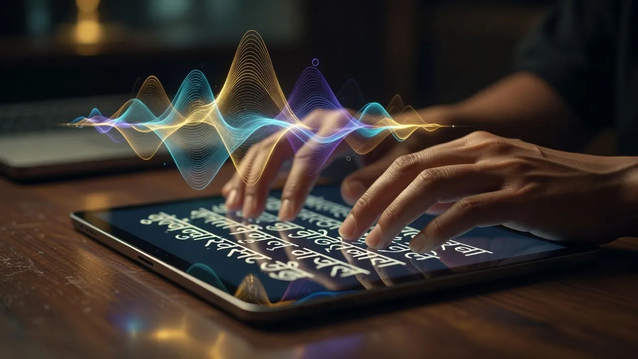 Nepali script becoming a voiceover waveform on a tablet