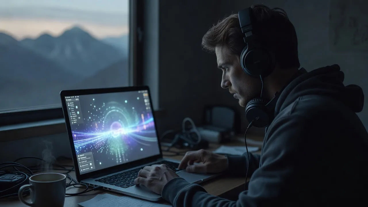 Editing a Nepali voice prompt on a laptop for a trekking film