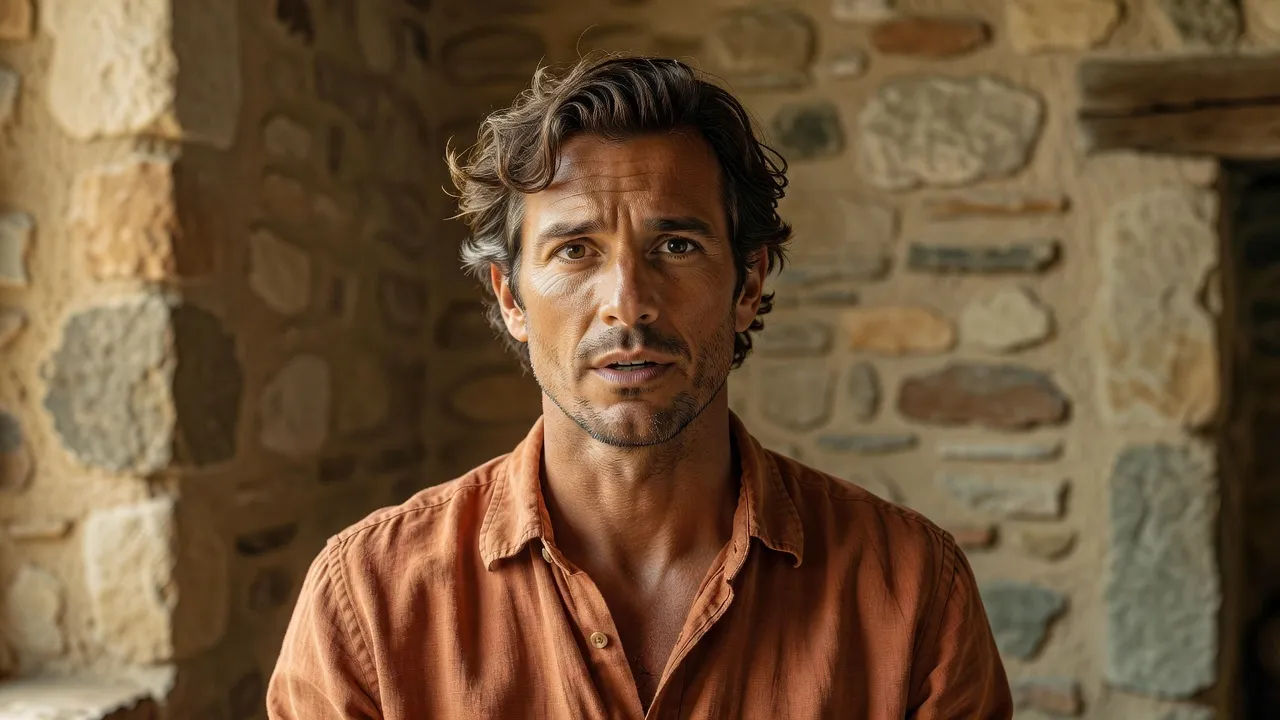 Photorealistic 16:9 medium shot of a lyrical Occitan male narrator in his forties