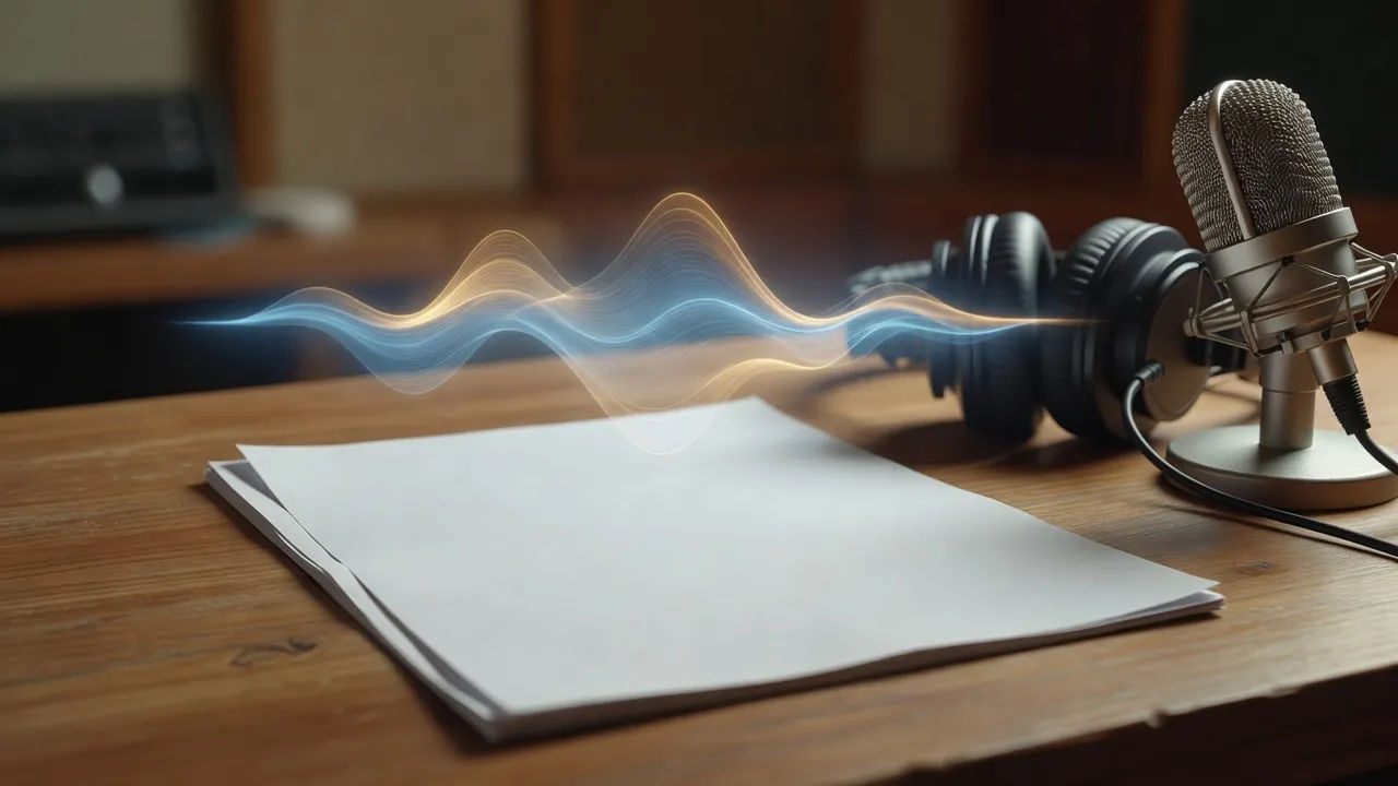 Photorealistic 16:9 close-up of a printed script page on a warm wooden table