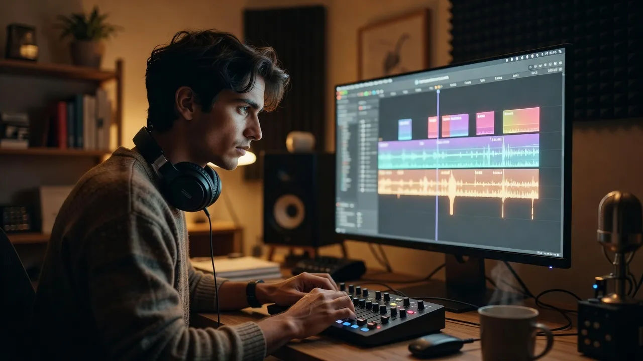 Photorealistic 16:9 over-the-shoulder shot of a young Occitan creator in a cozy home