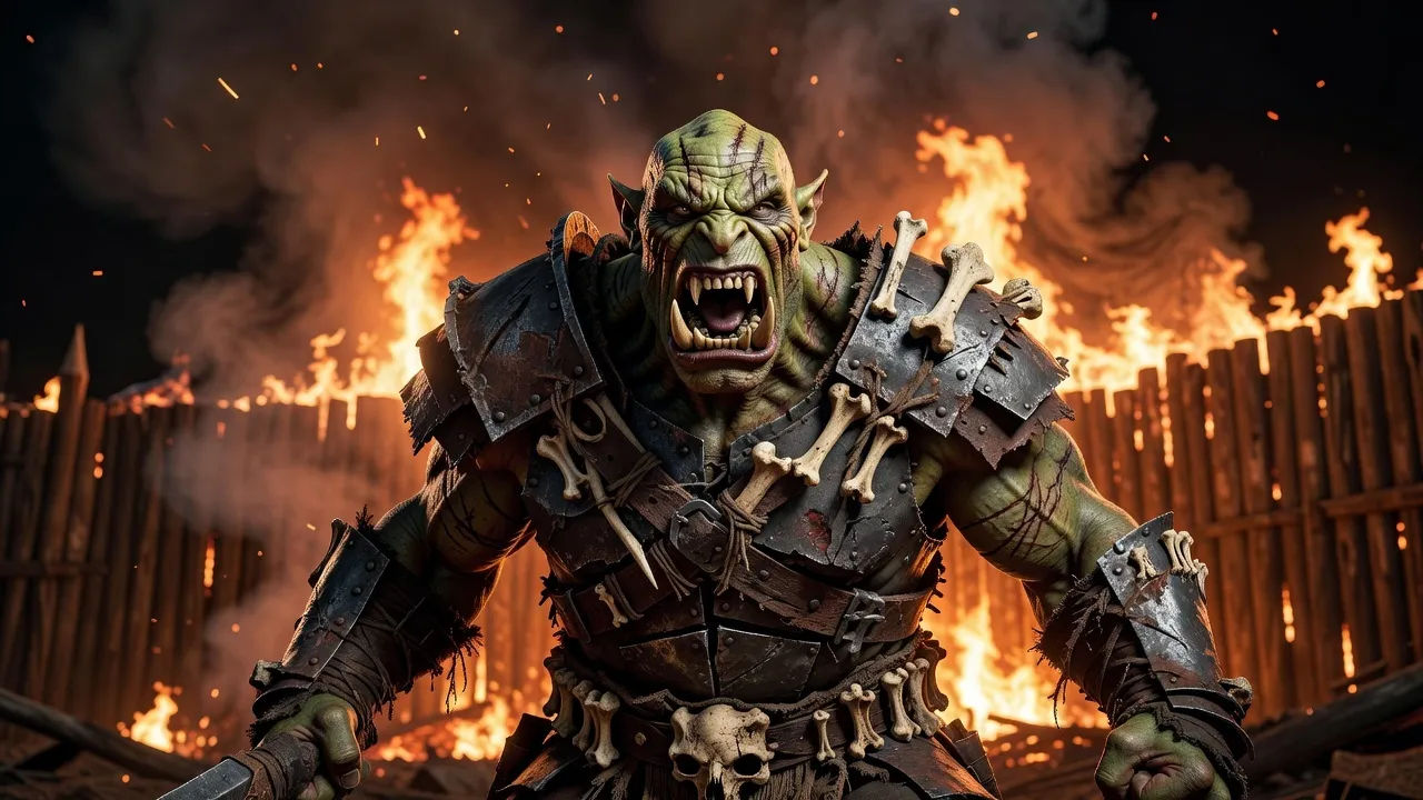 A snarling fantasy orc warrior with green-grey skin
