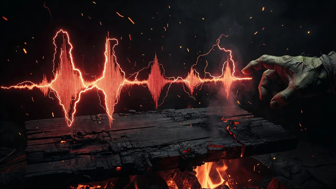 Conceptual close shot of a jagged red-orange audio waveform crackling above a blank