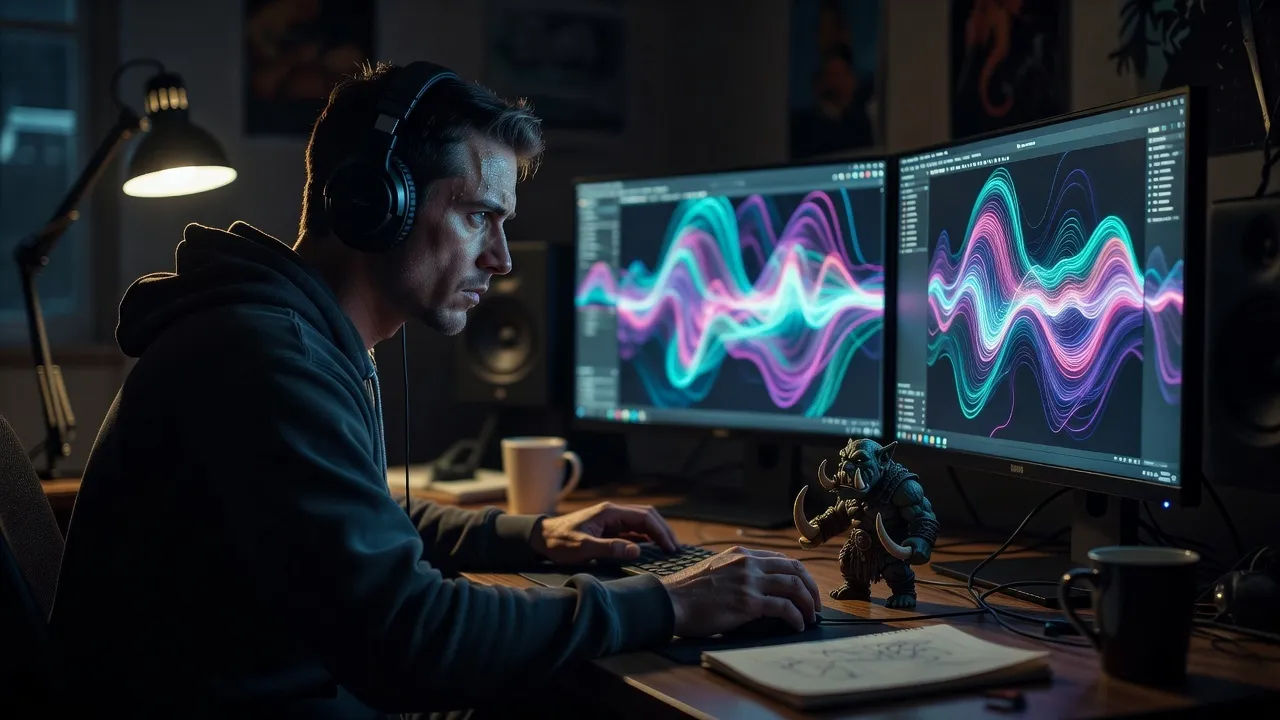 A modern creator at a dim desk editing audio